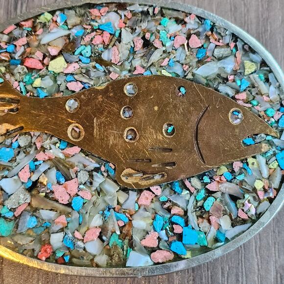 Vintage Alpaca Silver Crushed Stone Inlay Fish Belt Buckle - Picture 6 of 6